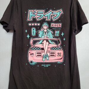 Anime Girl JDM Sports Car Graphic T-shirt Hello Senpai Pink Teal LARGE